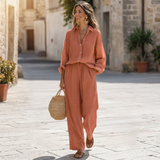 terracotta linnen tweedelige set met blouse en wijde broek dames