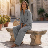 grijze linnen tweedelige set met blouse en wide leg broek dames