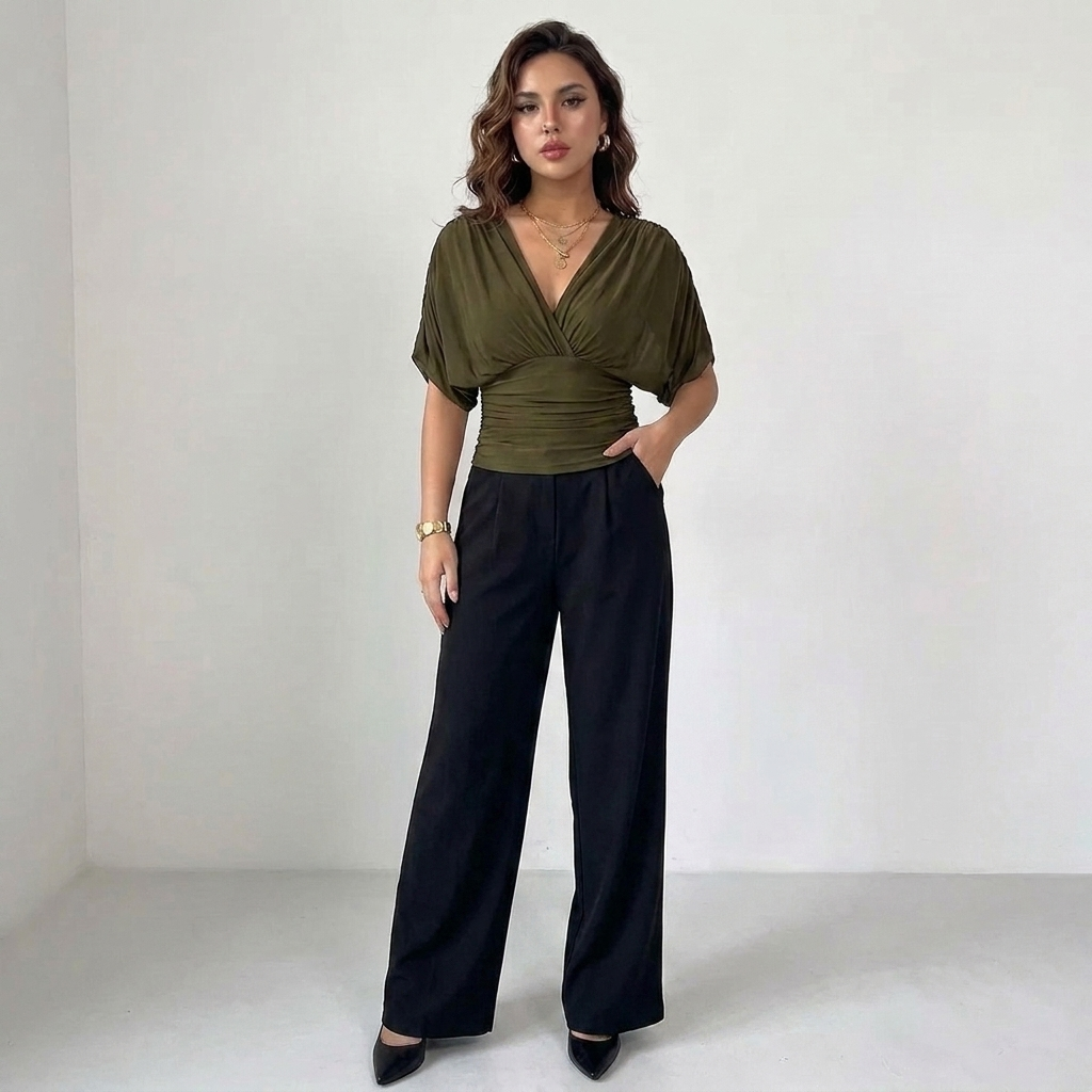 Celestine | Elegante Drapé Top met V-Hals & Tailleaccent