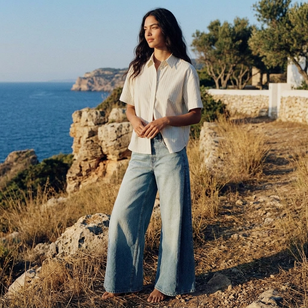 Dame draagt Harper wide leg jeans met witte blouse