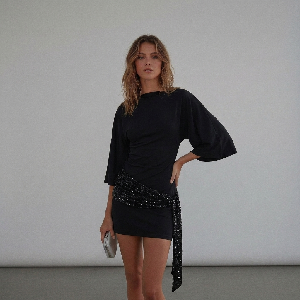 warte mini jurk met  open rug, pailletten detail en flared mouwen 