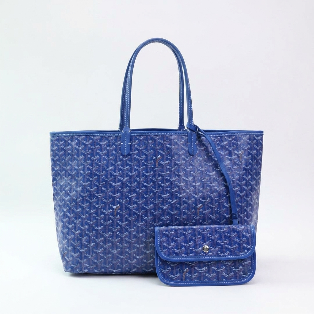 kobaltblauwe tote bag met patroon en schouderhengsels