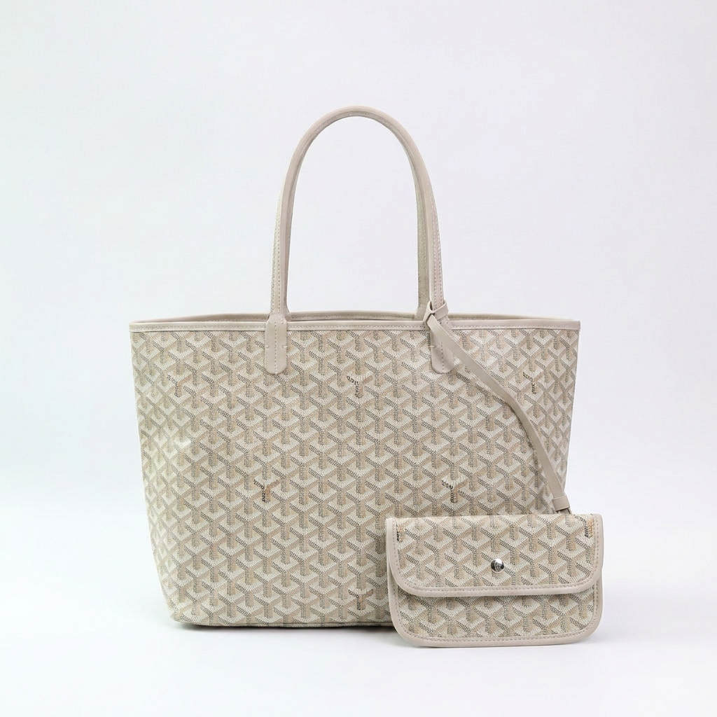 cremekleurige tote bag met bijpassend etui
