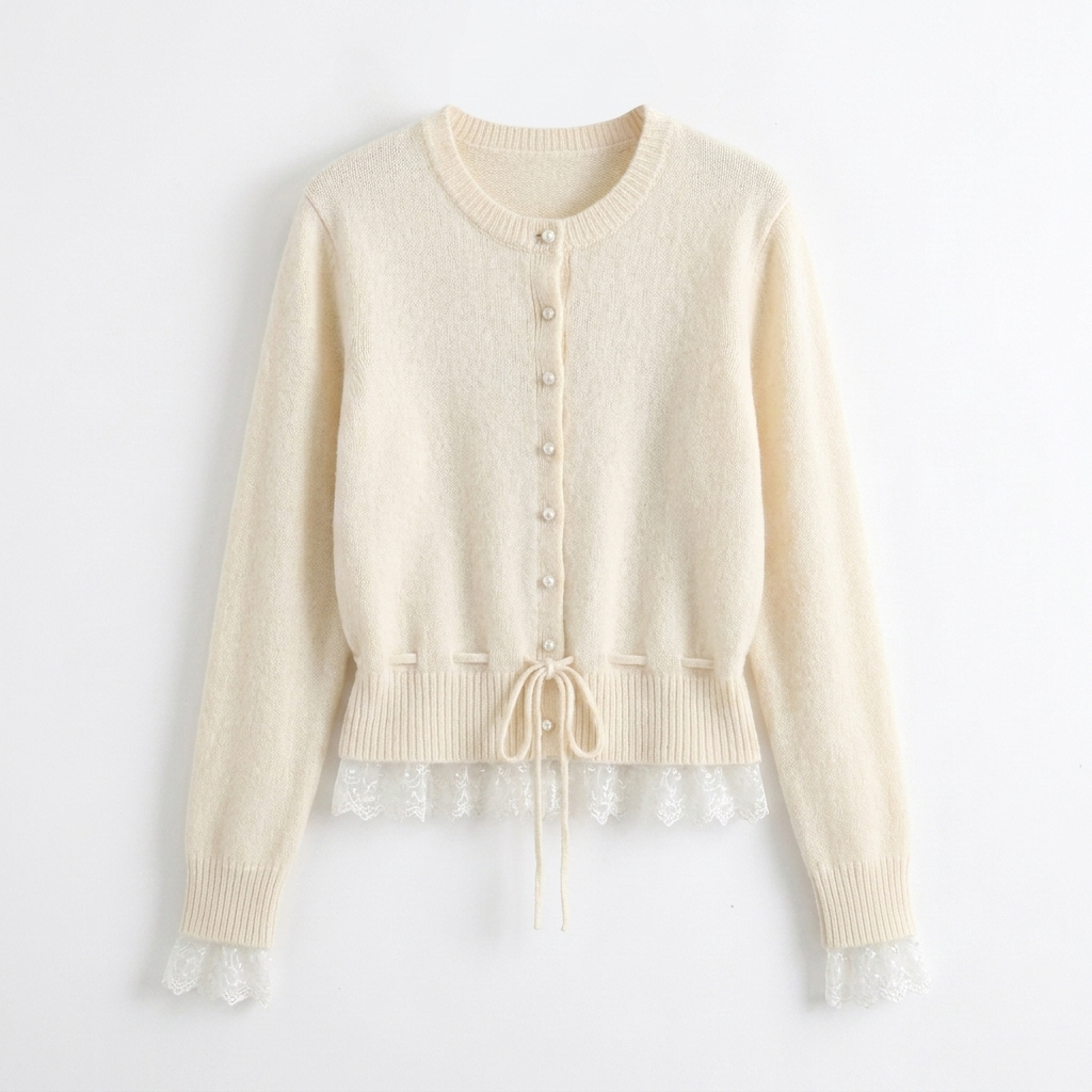 cremekleurige gebreid vest met romantische kantafwerking