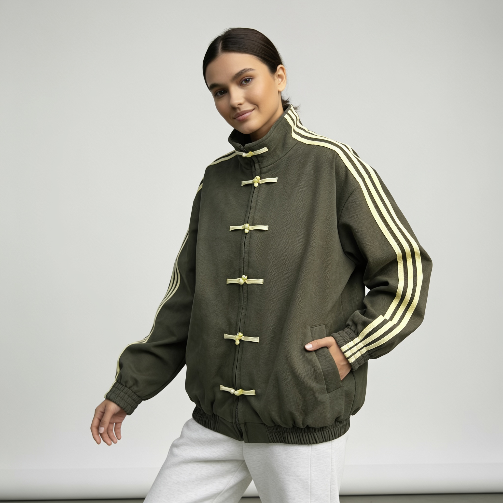 Retro track jacket dames olijfgroen met gele strepen