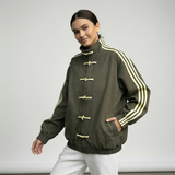Retro track jacket dames olijfgroen met gele strepen