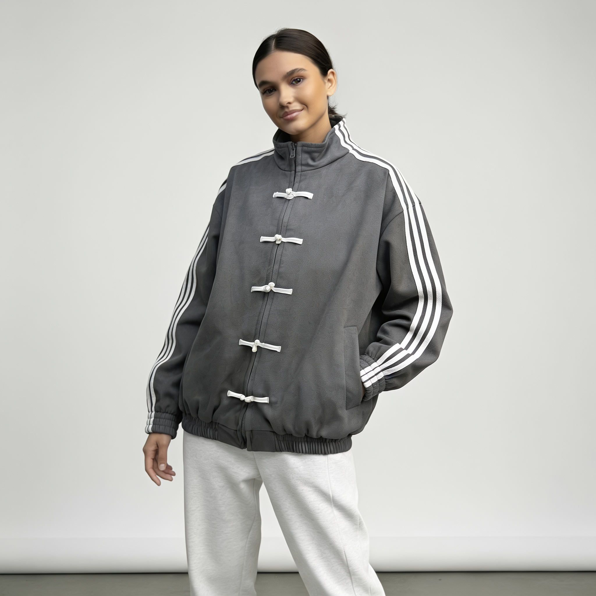 Retro track jacket dames grijs met witte strepen