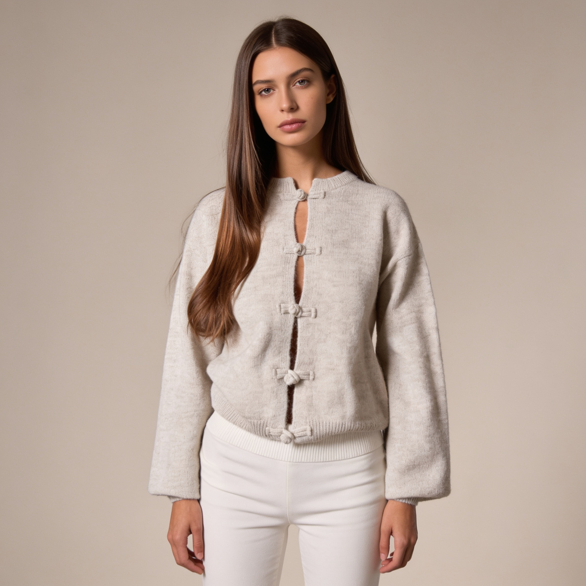 Beige dames cardigan met ronde hals en lange mouwen