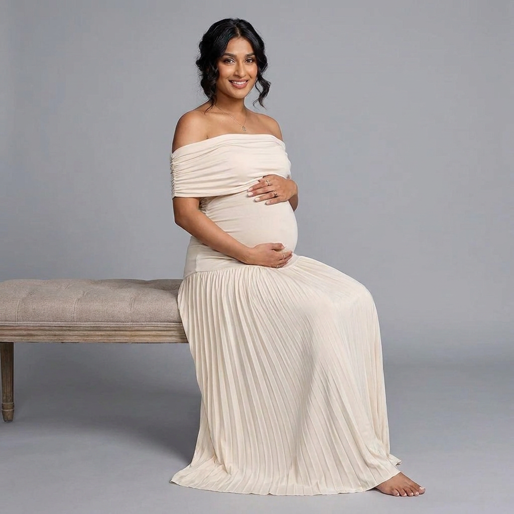 Crème zwangerschapsjurk maxi voor babyshower en zwangerschapsshoot