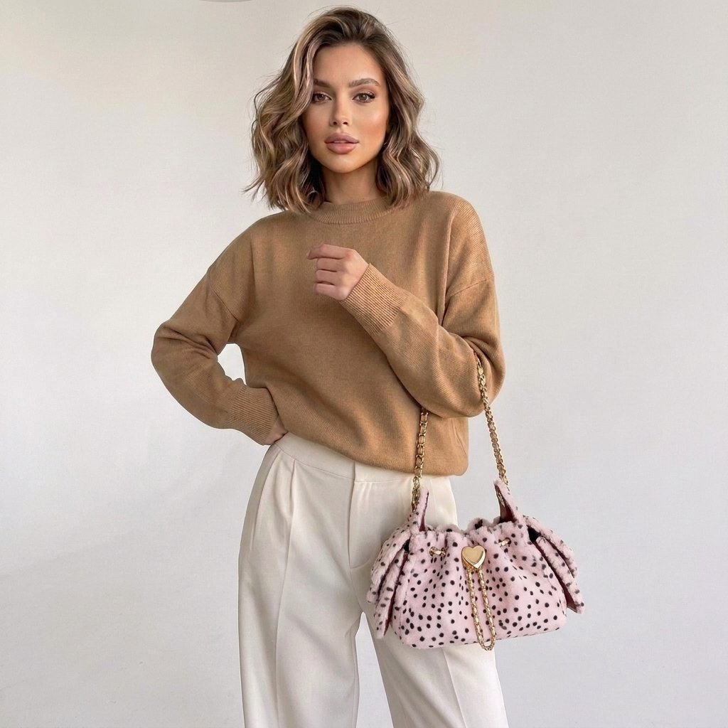 roze faux fur schoudertas met zwarte stippen en gouden hartdetail dames