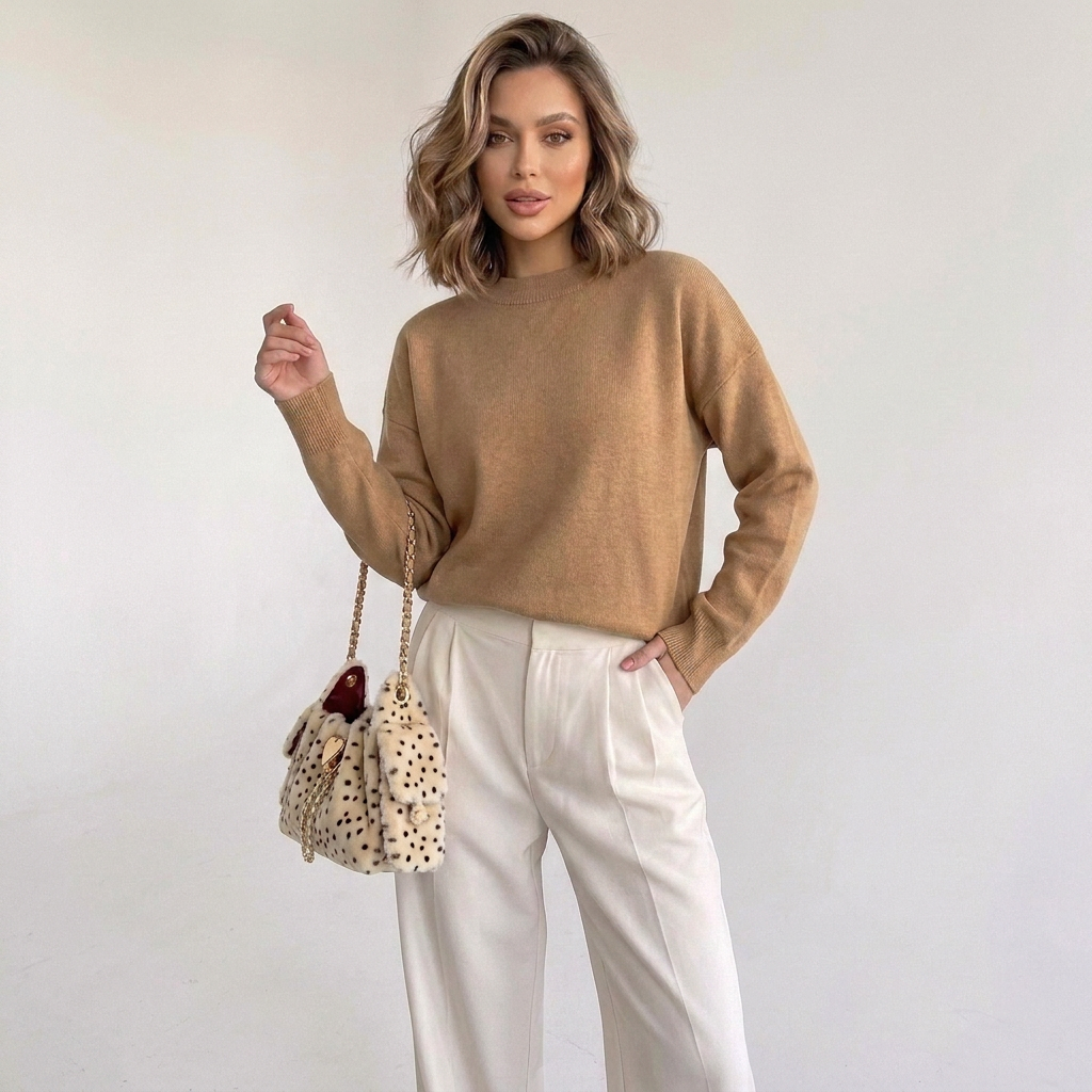 beige faux fur schoudertas met stippen gedragen bij witte pantalon dames