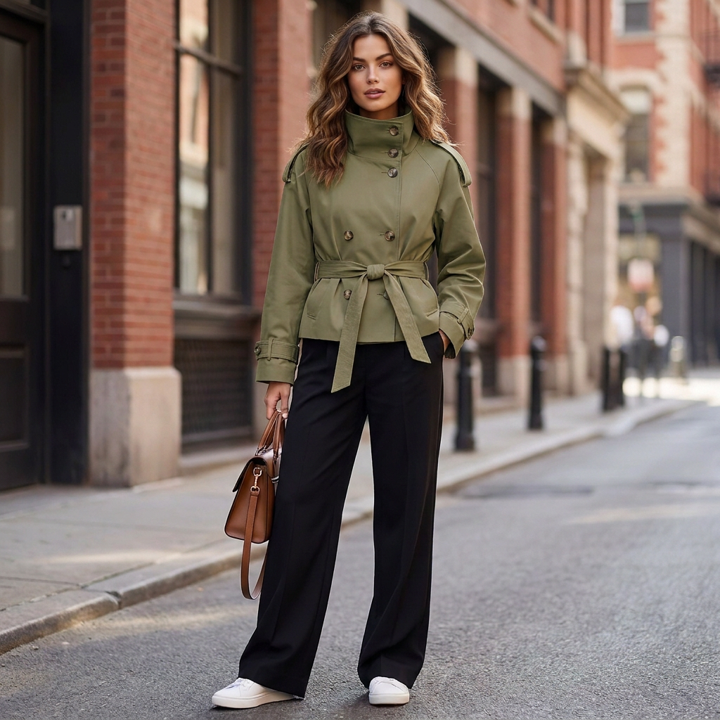 Maélie | Korte Trenchcoat Dames met Tailleband & Hoge Kraag