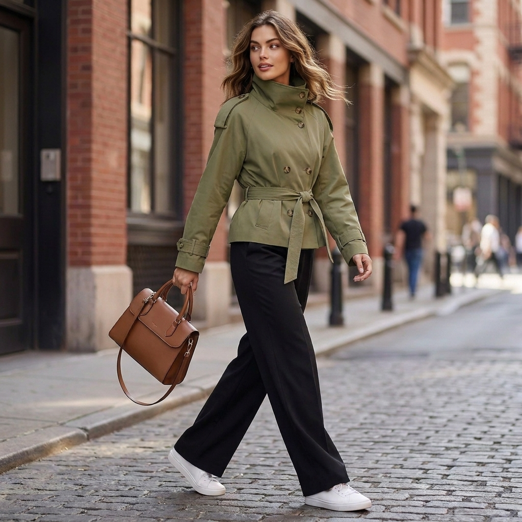 olijfgroene korte trenchcoat dames achterzijde met ceintuur en stormflap