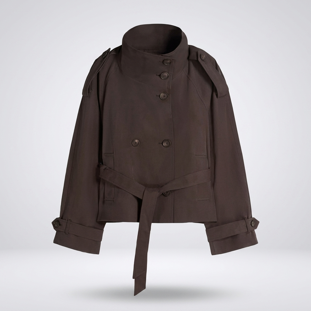 bruine korte trenchcoat dames met knoopsluiting hoge kraag en ceintuur
