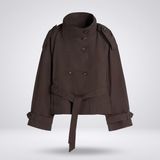 bruine korte trenchcoat dames met knoopsluiting hoge kraag en ceintuur
