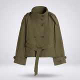 olijfgroene korte trenchcoat dames met ceintuur en hoge kraag
