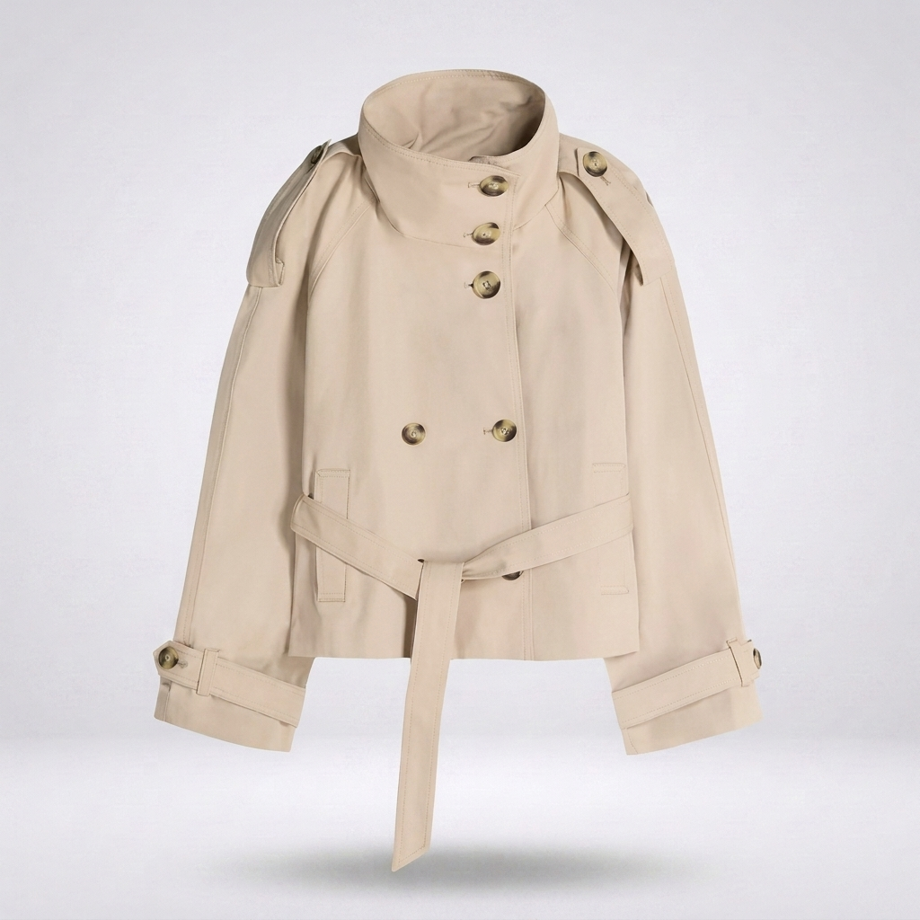 Maélie | Korte Trenchcoat Dames met Tailleband & Hoge Kraag
