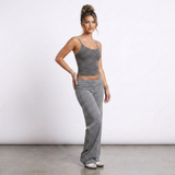 grijze 2-delige set dames met gestreepte top en omgeslagen taille wide leg broek