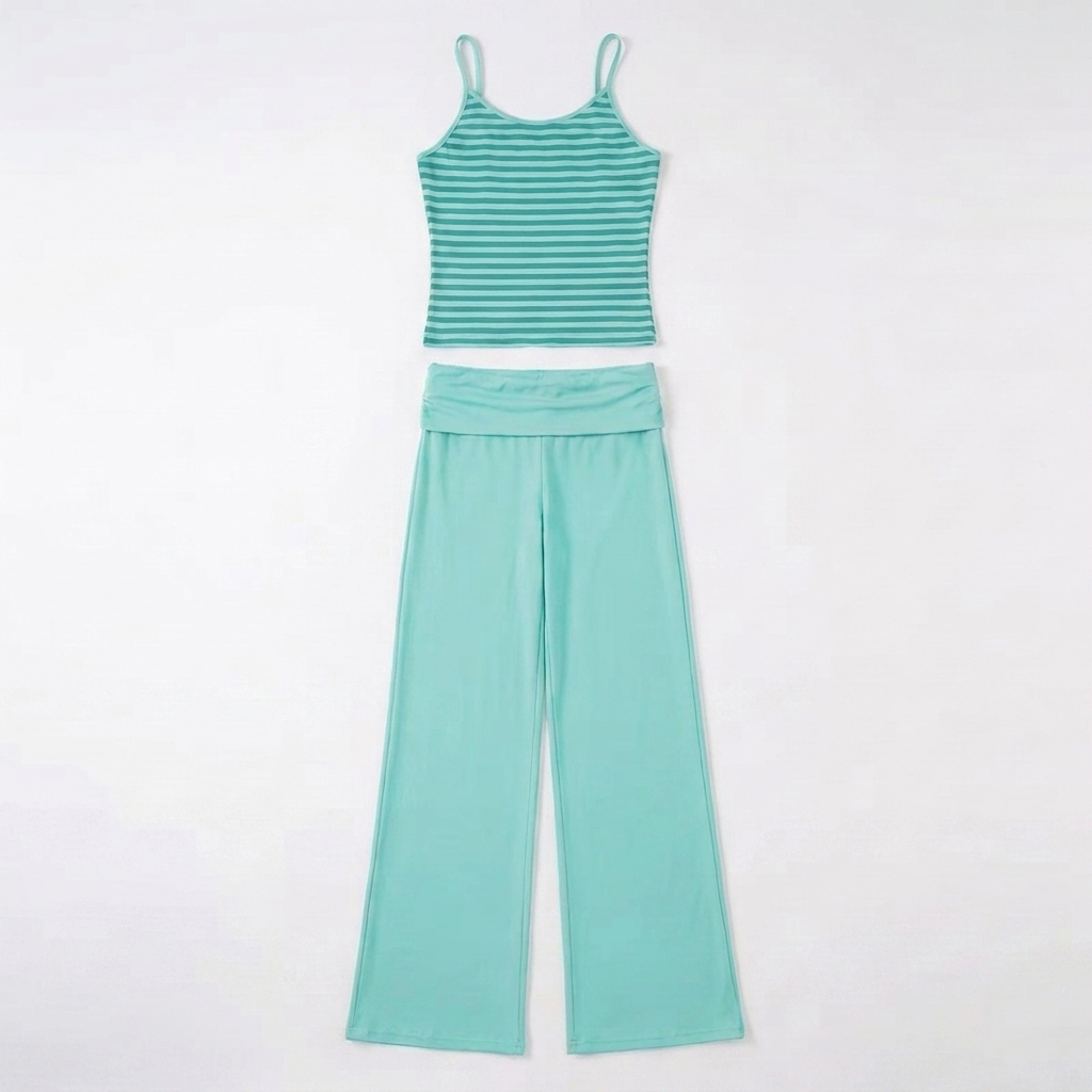 mintgroene 2-delige dames set met gestreepte top en wijde broek