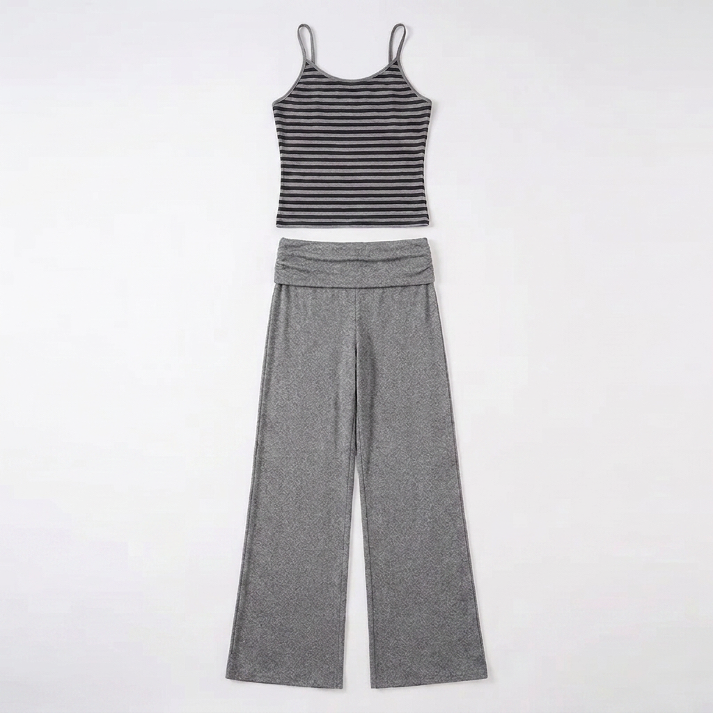 grijze matching set dames met gestreepte top en wijde broek