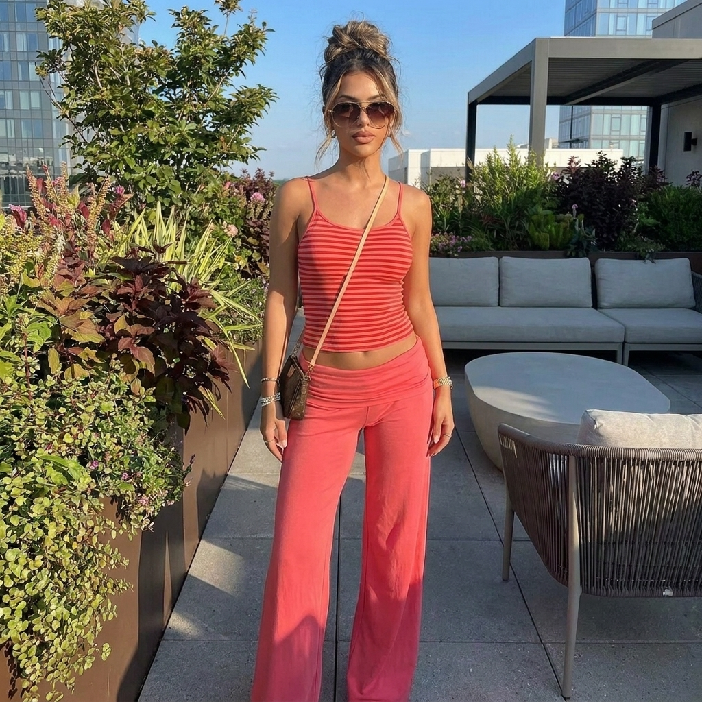 koraal roze 2-delige dames set met gestreepte spaghettitop en wide leg broek