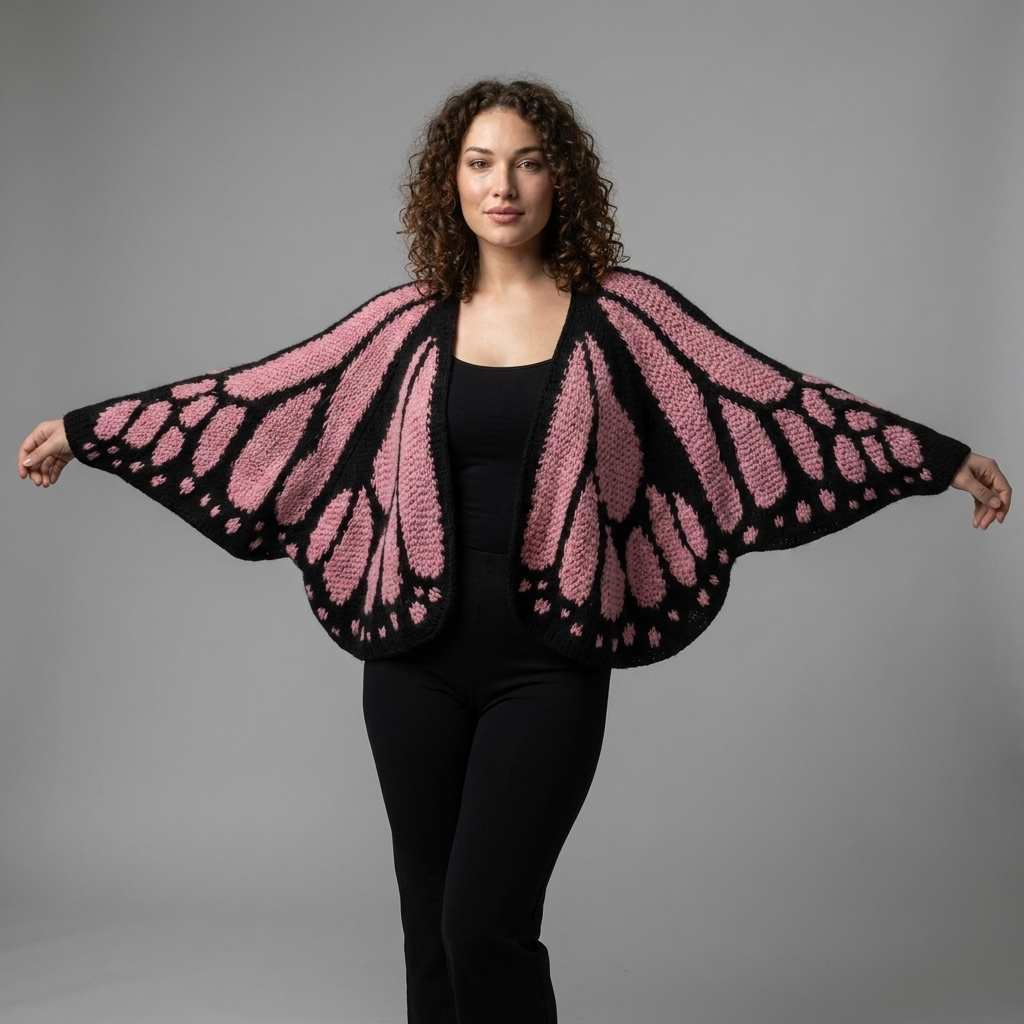 roze zwart gebreid vlinder vest met oversized vleugelmouwen dames