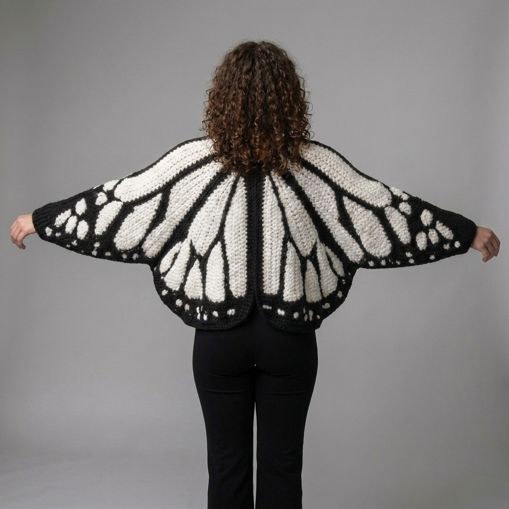achterkant zwart wit vlinder vest met groot vleugelpatroon dames