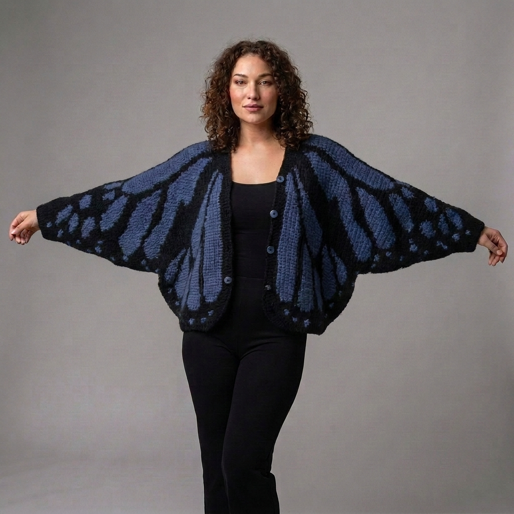 blauw zwart gebreid vlinder vest met vleugelpatroon dames