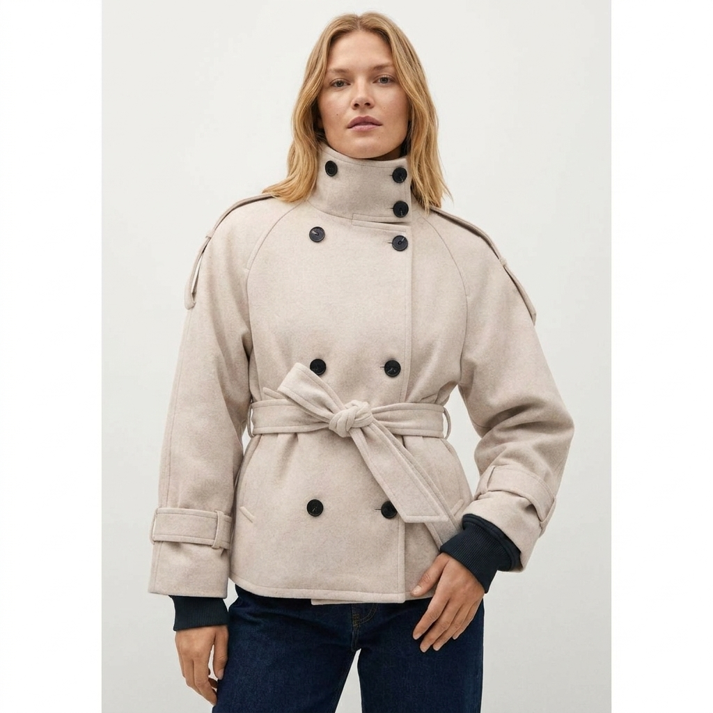 crème korte trenchcoat dames met zwarte knopen hoge kraag en ceintuur