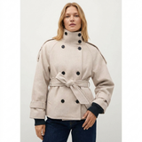 crème korte trenchcoat dames met zwarte knopen hoge kraag en ceintuur