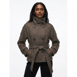 bruine korte trenchcoat dames met hoge kraag ceintuur en dubbele knopen