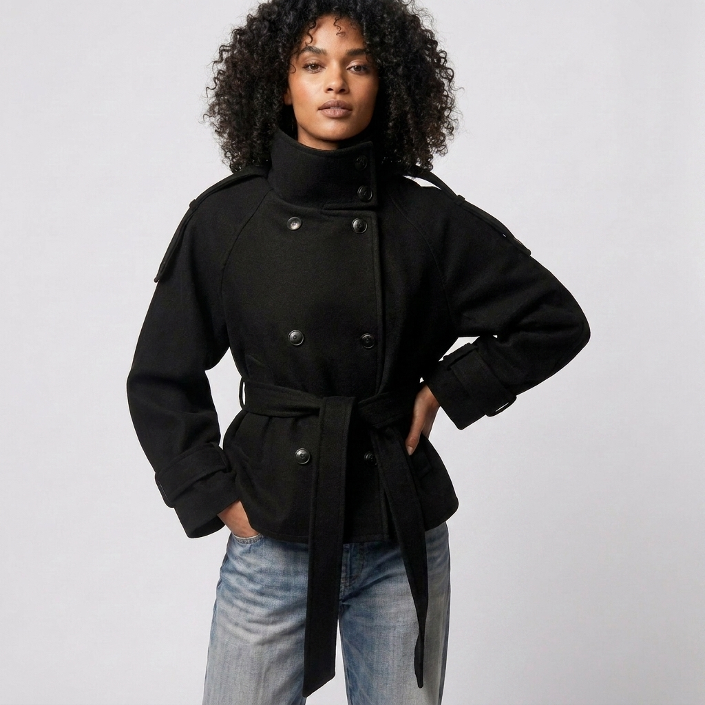 zwarte korte trenchcoat dames met taille ceintuur en dubbele knoopsluiting