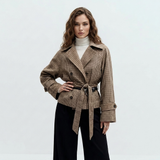 bruin beige geruite korte trench jas met tailleband dames