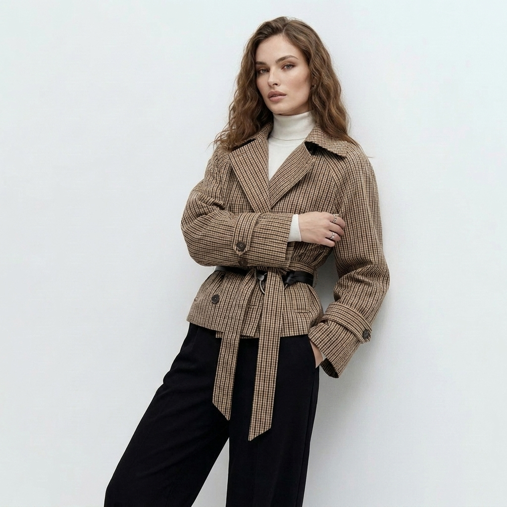 
korte geruite trenchcoat dames met ceintuur en brede revers