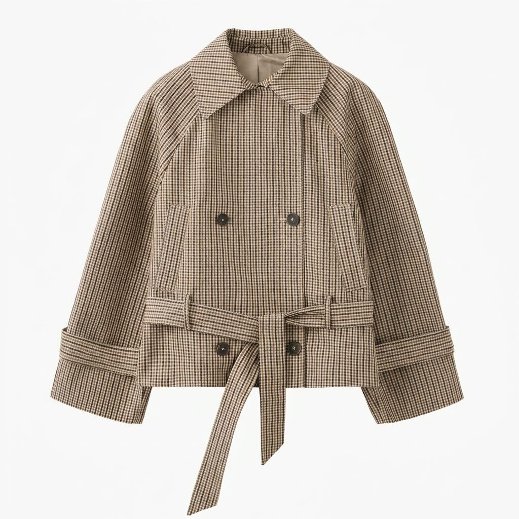 beige bruine korte trench jas met riem en wijde mouwen dames