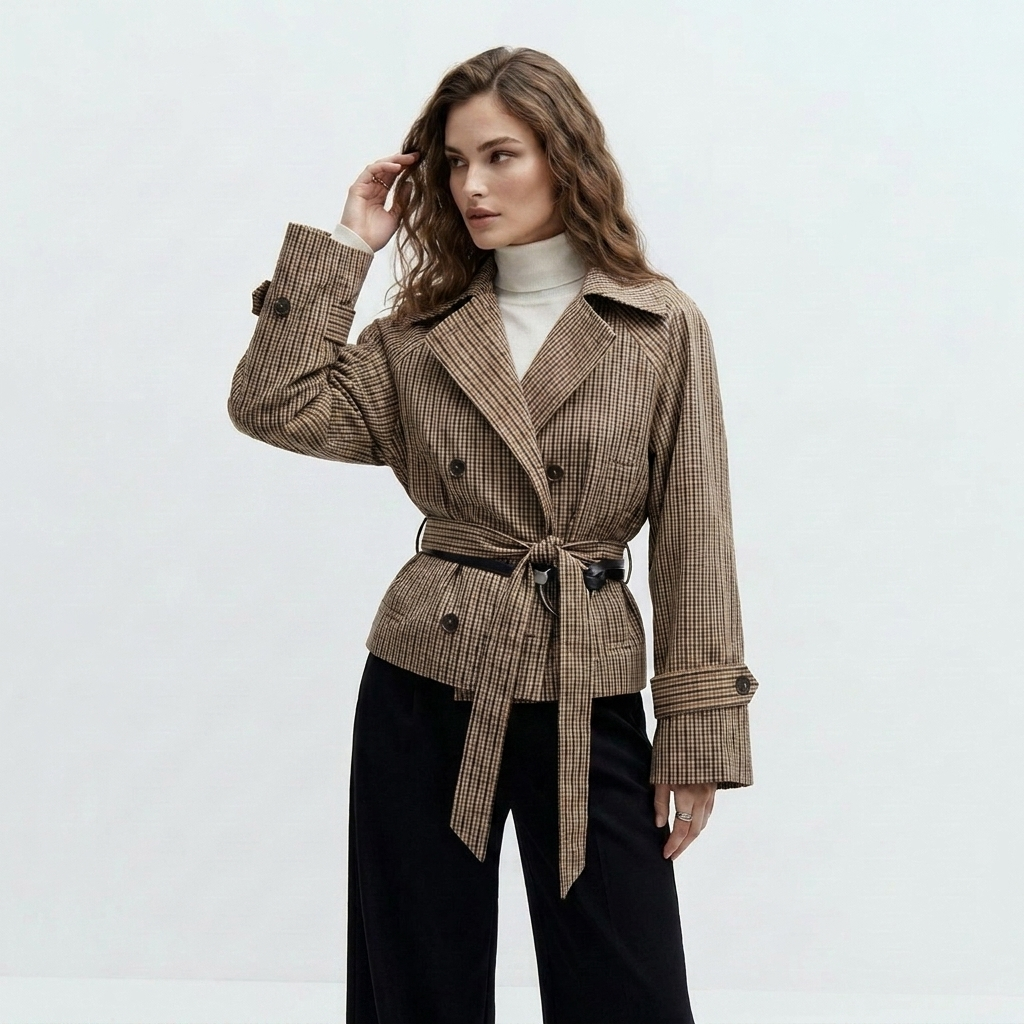 bruin geruite trench jas dames met dubbele knopen en ceintuur