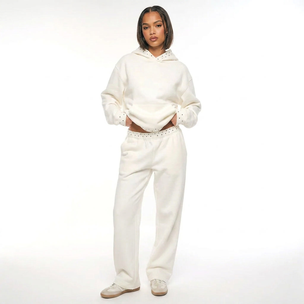 Witte gestipte hoodie set voor dames, capuchon-hoodie met wijde broek