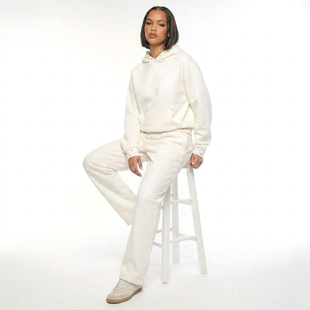 Witte 2-delige hoodie set met polkadot boorden voor dames, streetwear look