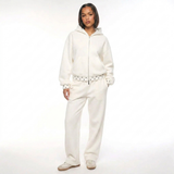 Witte rits-hoodie set met polkadot voering voor dames, sportieve co-ord set