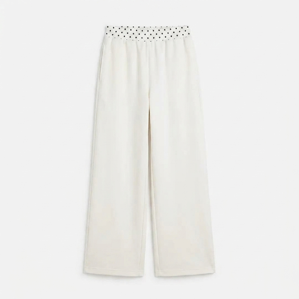 Witte wijde joggingbroek met polkadot tailleband voor dames