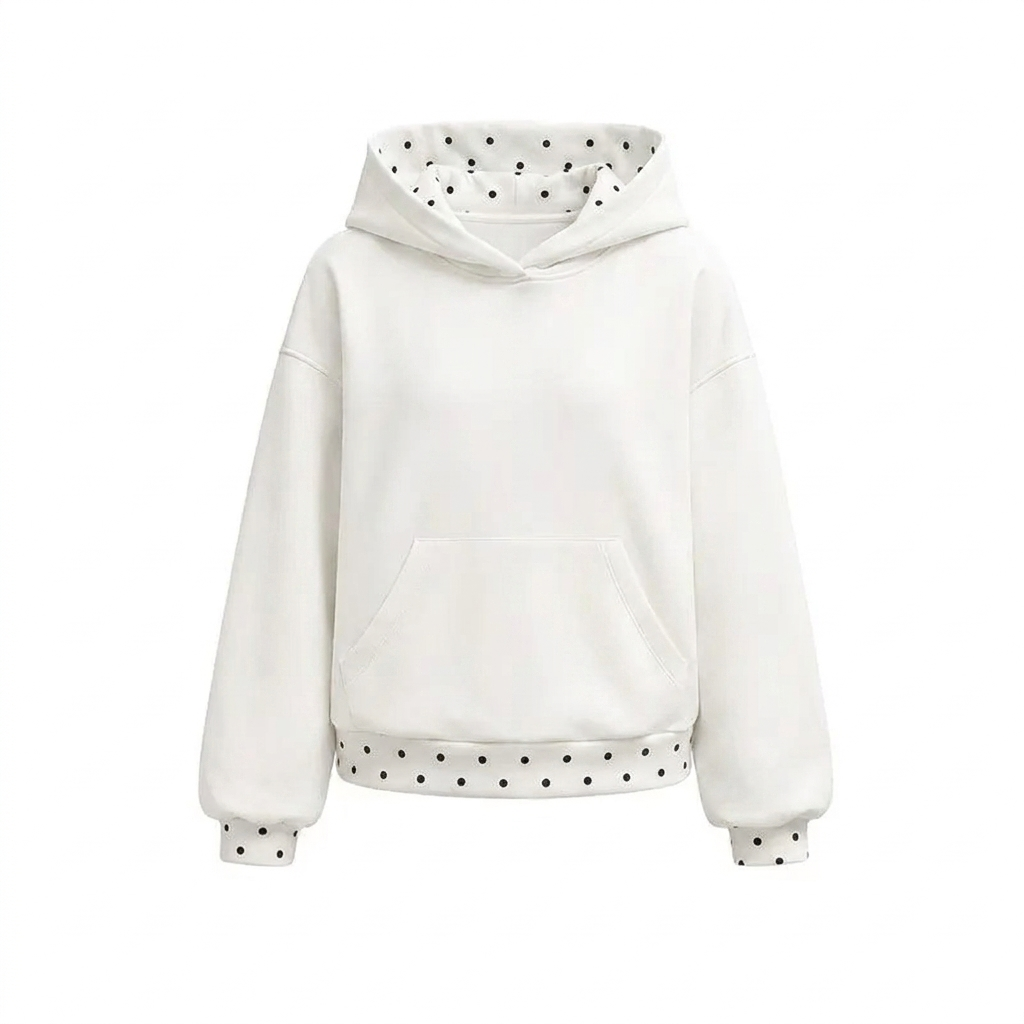 Witte oversized capuchon-hoodie met polkadot boorden en kangoeroezak voor dames