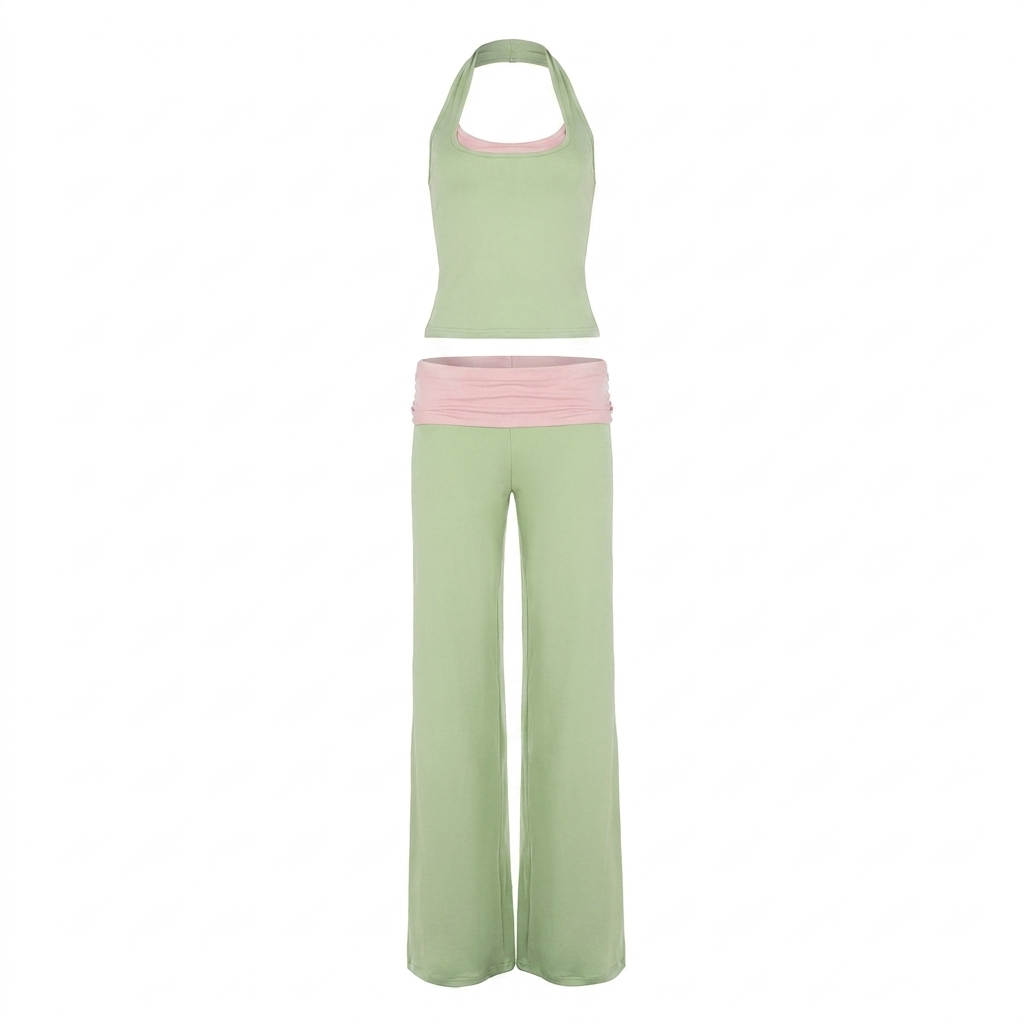 Matcha groene 2-delige yoga set met halter top en flared broek voor dames