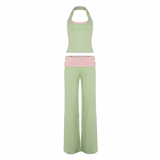 Matcha groene 2-delige yoga set met halter top en flared broek voor dames