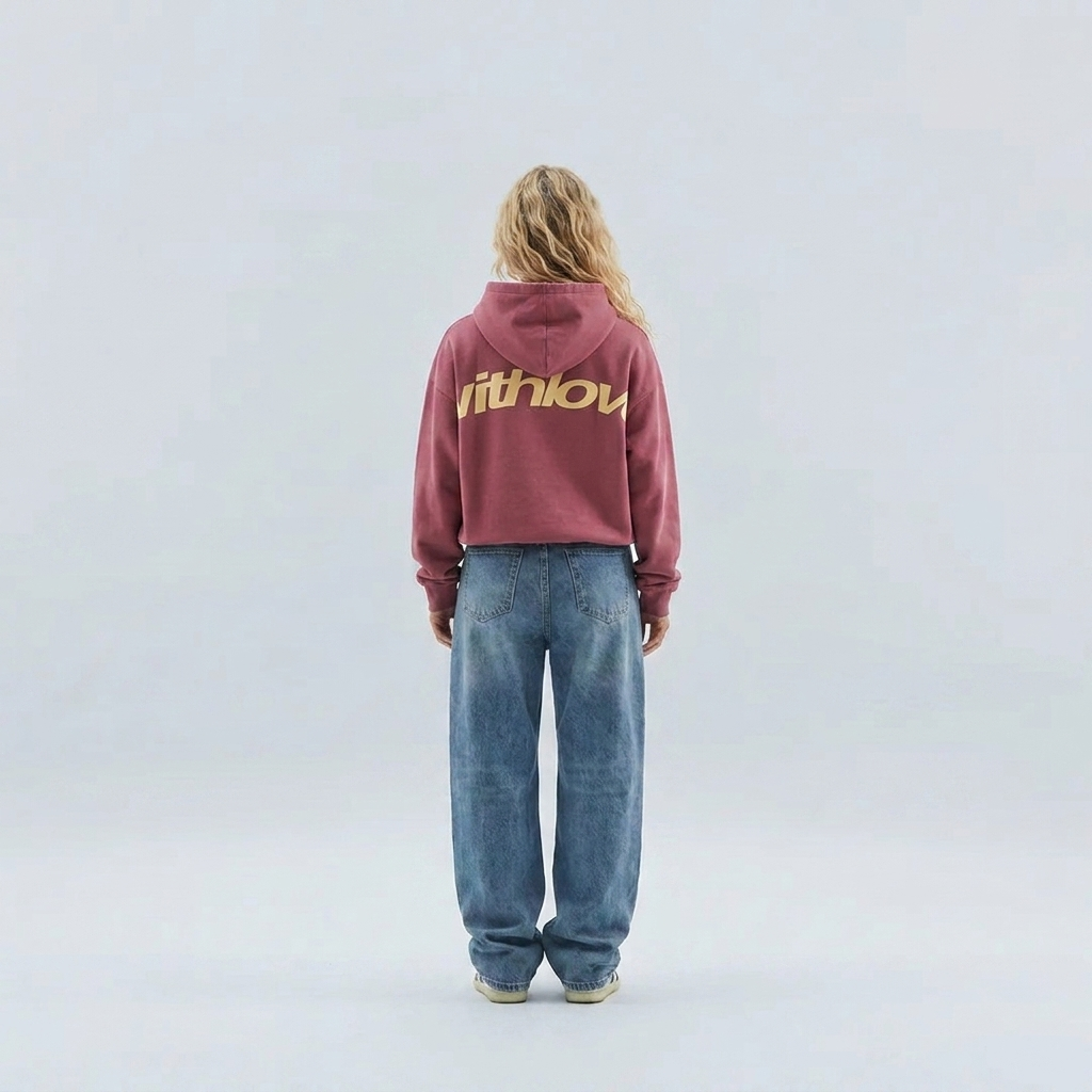 Bordeauxrode oversized hoodie voor dames, achterkant met gele withlove backprint