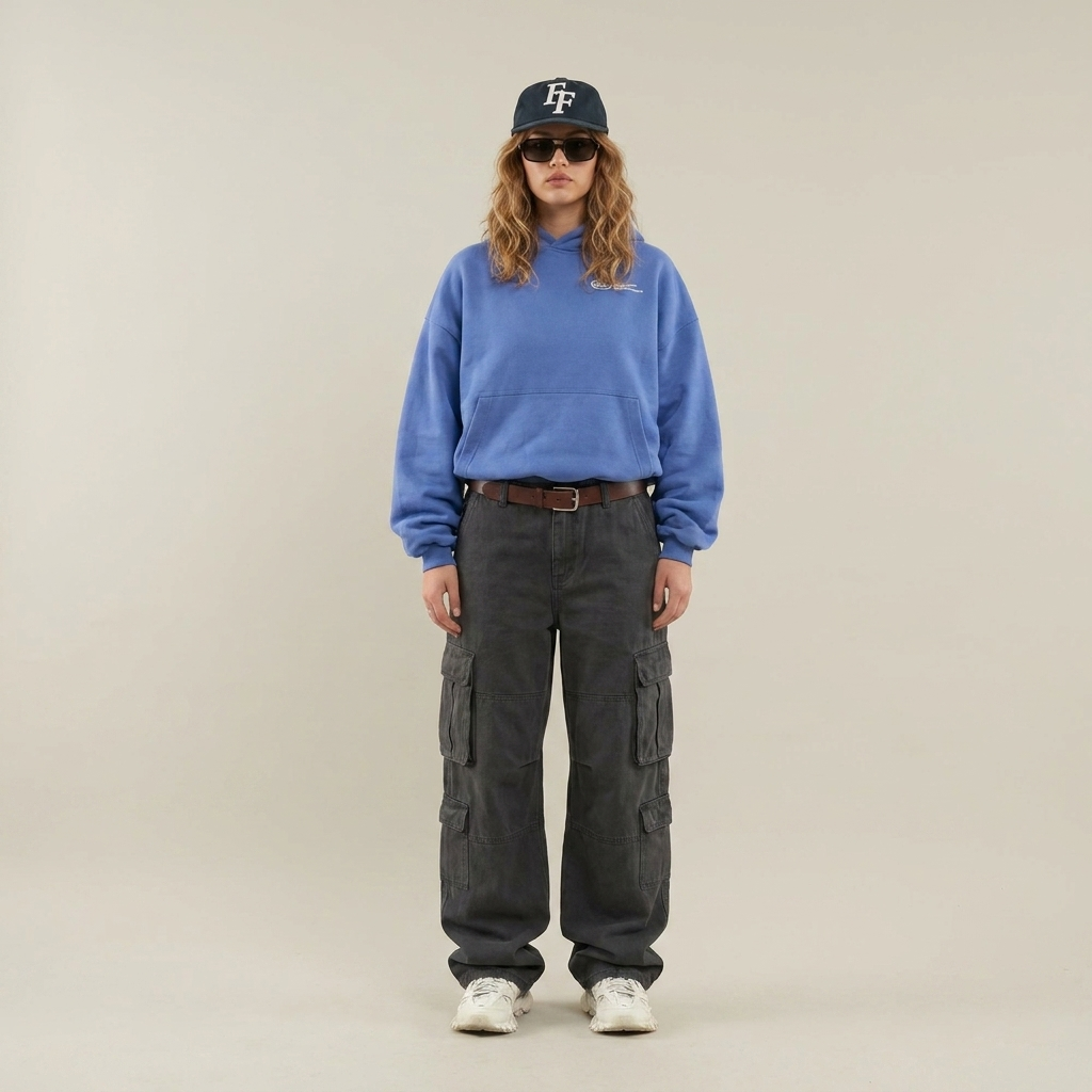 Blauwe oversized hoodie gedragen door model met pet en cargobroek, vooraanzicht
