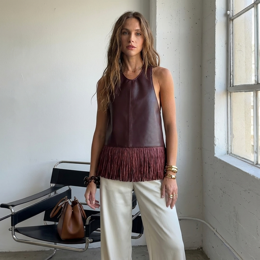 Bordeauxrode kunstleren top met franjes in daglicht, gedragen met een cremekleurige wide leg broek
