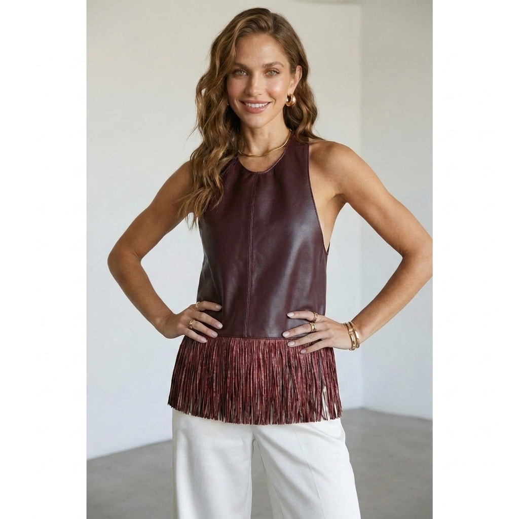 Bordeauxrode kunstleren halter top met ronde hals en brede franjerand voor dames