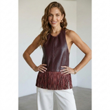 Bordeauxrode kunstleren halter top met ronde hals en brede franjerand voor dames
