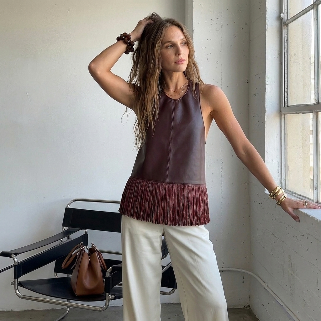 Mouwloze bordeauxrode halter top van kunstleer met franjes en smalle schouderbanden