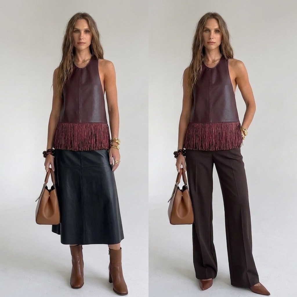 Bordeauxrode franjetop gecombineerd met een zwarte leren midirok en met een bruine pantalon
